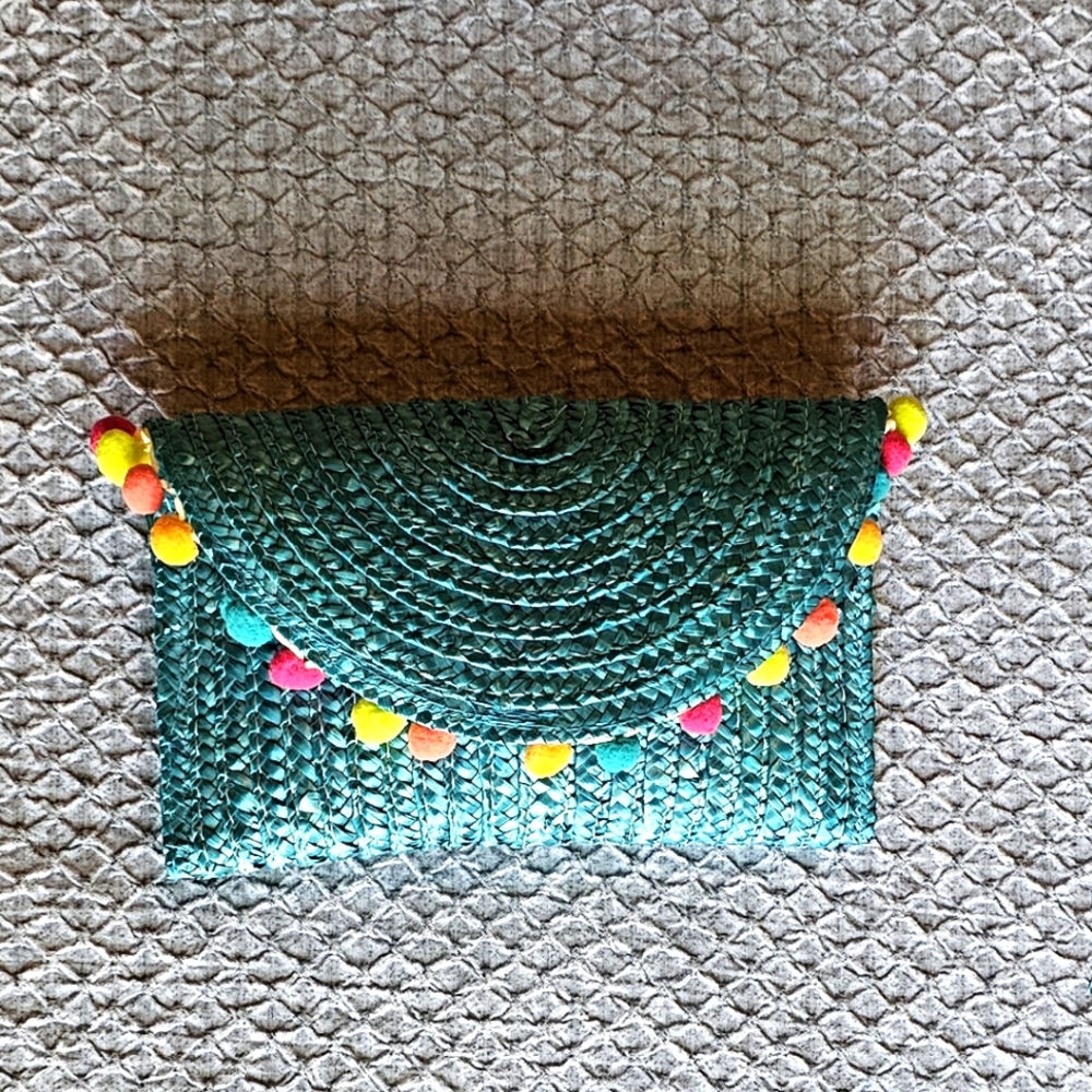Chantecaille Turquoise Woven Straw Envelope Clutch Bag Multicolor Pom Pom NWOT